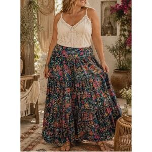 Natural Life Velvet Lisa Maxi Skirt Women's XL Tiered Whimsical Floral